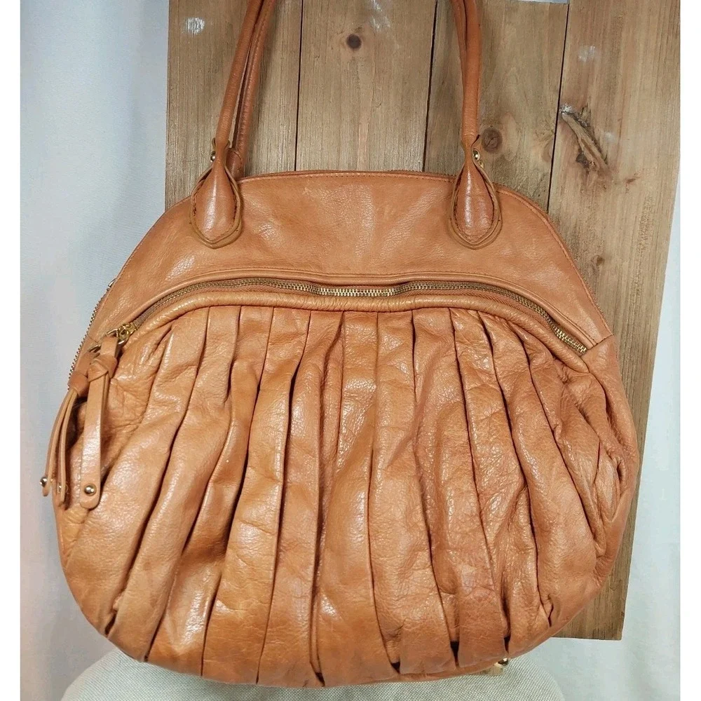 Sabina Leather Pleated Slouchy Boho Hobo Olsen Twin Y2K Large Tan Brown Purse